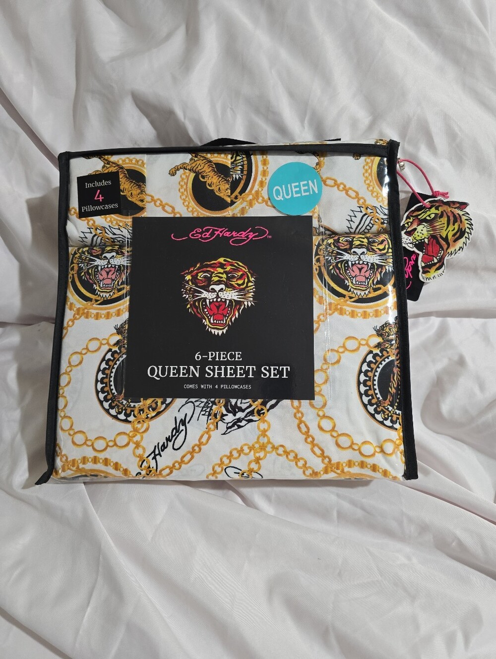 NWT Ed Hardy 6 Piece Queen Sheet Set Tiger Print Wrinkle Resistant White Gold